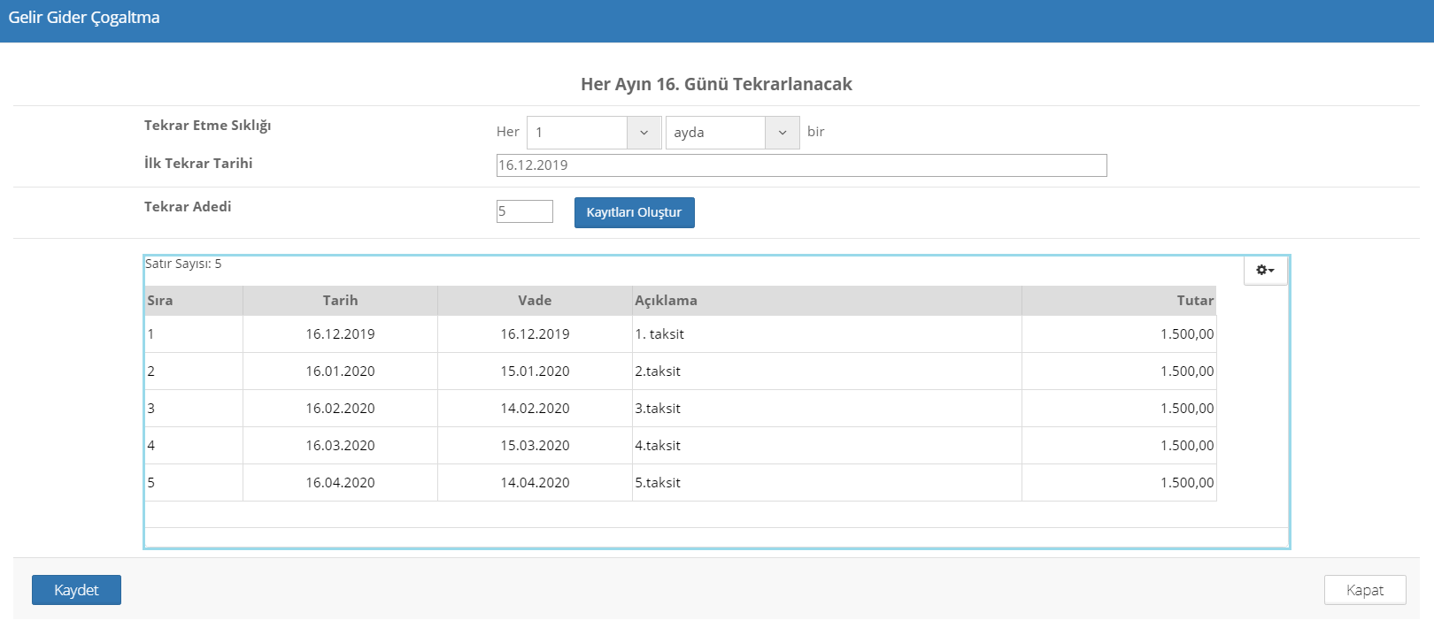 gelir gider kayıtlarını çoğaltmak